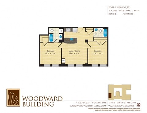 Floor plan for 2 beds, 2 baths, 1005 sqft